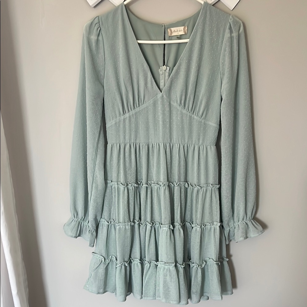 Altar'd State Green Ruffled Tiered Mini Dress with Bishop Sleeves